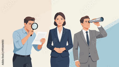 Three business professionals examining documents and observing