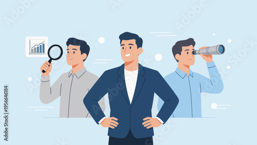 Three men with magnifying glass telescope and chart