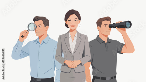 Three people with magnifying glass and binoculars