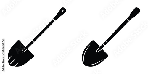 Black Silhouette of Shovel and Spade Vector Illustration – Gardening Tools Icon Set for Agriculture, Landscaping, Farm Equipment, and Construction Design Concepts