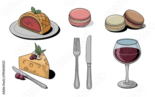 Delicious gourmet food arrangement illustration.