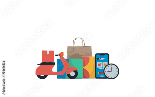 Fast and efficient delivery service, with a scooter and shopping bags.
