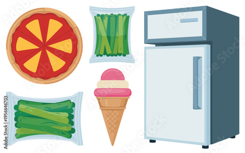 A refrigerator with frozen food.