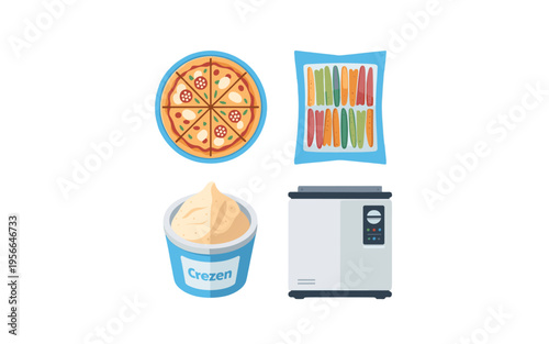 Four different food items like pizza, carrots and cream along with machine illustration.