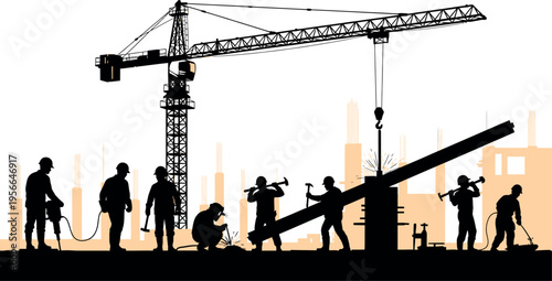 Construction site with crane and workers silhouette