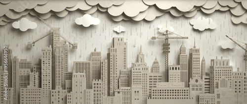 Cityscape with buildings and cranes under cloudy skies with 5.eps reference