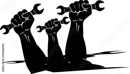 A raised fist holding a wrench in a powerful gesture