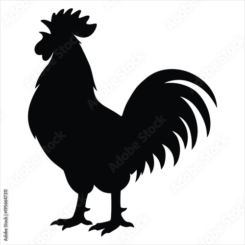 A black silhouette of a rooster on a white background