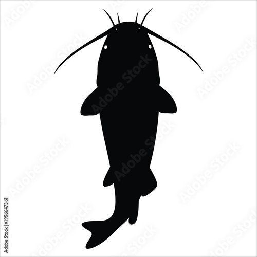 A black silhouette of a catfish on a white background