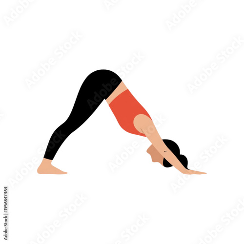 A woman performing the downward-facing dog yoga pose wearing a red top and black leggings