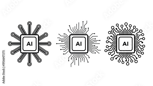 Three stylized graphic representations of microprocessors with varying explosion effects Vector