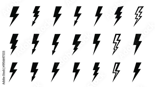 Collection of stylized lightning bolt symbols in varying designs and orientations Vector