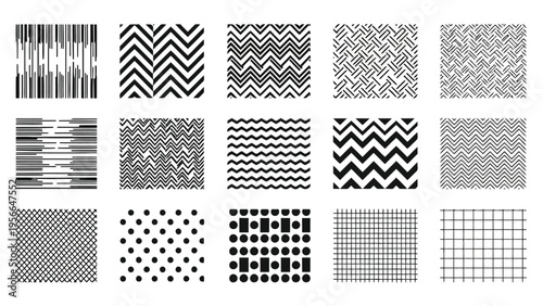 Abstract geometric patterns showcasing diverse textures and symmetry in monochrome designs Vector