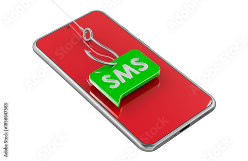 Smartphone with SMS phishing hook. Mobile phishing or smishing, concept. 3d rendering