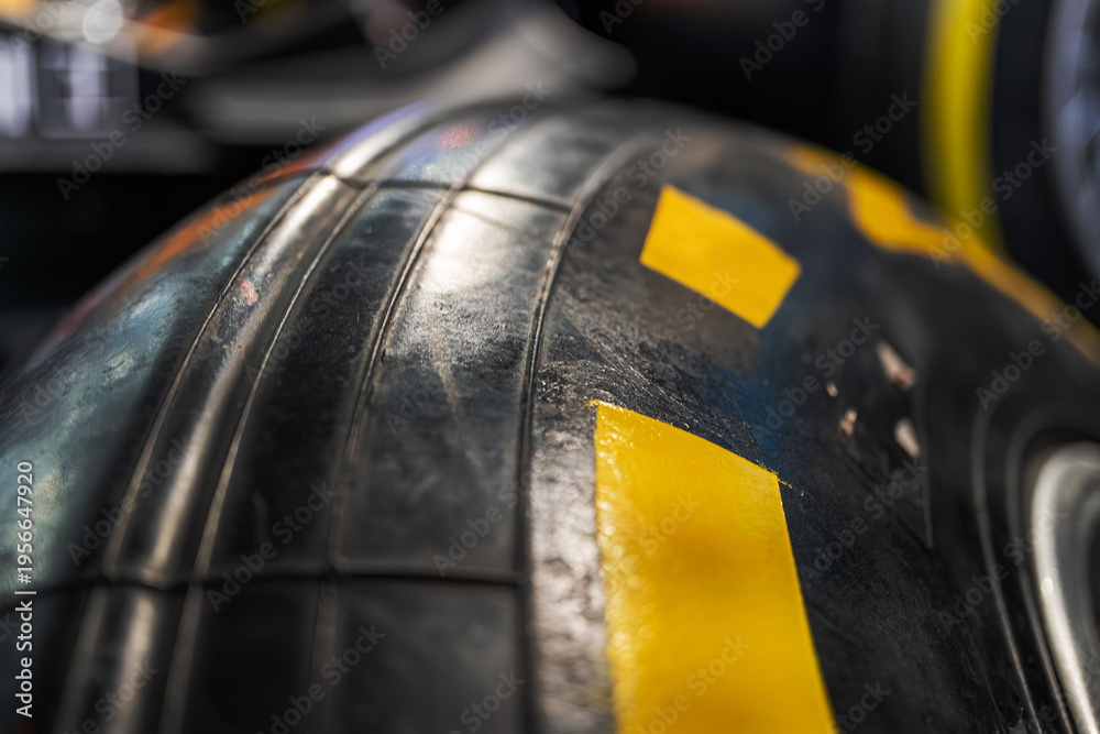 Obraz premium Close-up of multiple used Formula 1 tires, tightly packed, arranged vertically, with distinctive tread patterns, in black, gray, yellow, and white, subdued lighting, realistic style, angled perspecti