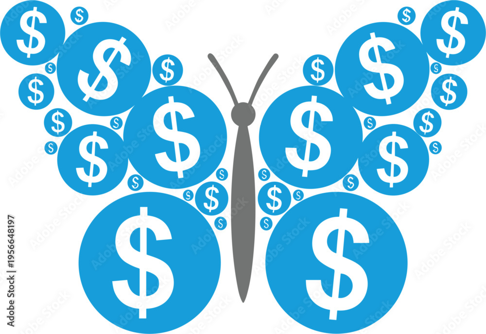 Obraz premium Money butterfly concept with dollar signs forming the wings for business, finance, and success-themed designs.