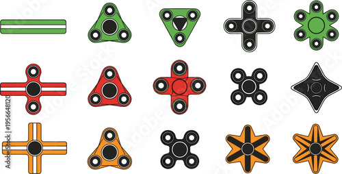 Fidget spinner vector icon set with colorful hand spinner toy designs, stress relief gadget collection isolated on white background.