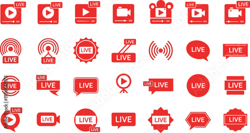 Live streaming vector icon set with video, broadcast and speech bubble symbols, social media stream badges isolated on white background.
