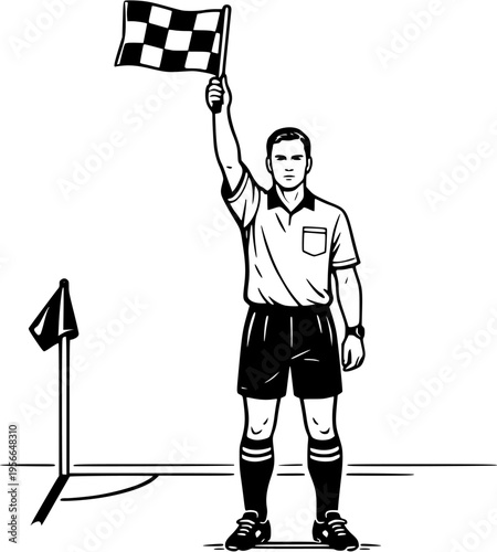 Soccer assistant referee holding flag line art illustration isolated on white background for sports officiating
