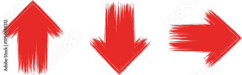 Red brush stroke arrow vector set with up, down and right direction symbols, hand painted navigation elements isolated on white background.