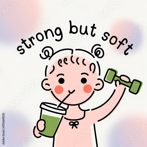 Playful Empowerment Illustration Showing a Girl Balancing Strength and Gentleness with a Green Smoothie and Dumbbell for Wellness and Positive Fitness Vibes