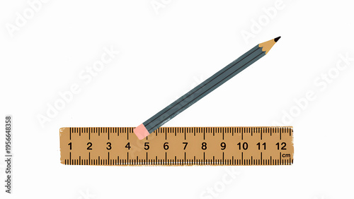 Minimalist Hand Drawn Graphic of a Natural Wood Ruler and Sharp Pencil for Education, Drafting, and Planning