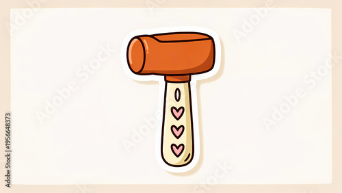 Hand-drawn doodle of an orange mallet hammer with a decorative heart-patterned handle, designed in a flat sticker style with a white border.