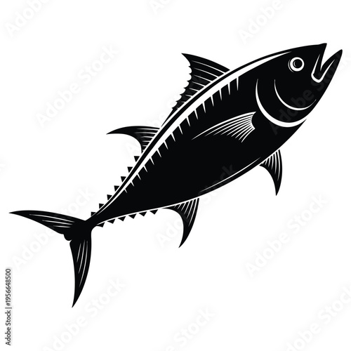 Black Leaping Tuna Fish Silhouette Vector Illustration – Marine Seafood Animal Icon for Sushi Restaurant Logo or Fishing Sport Design Elements