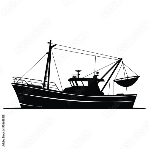 Commercial Fishing Trawler Silhouette Vector Illustration – Black Vessel Icon with Net Crane for Maritime Nautical Logistics Design Concepts