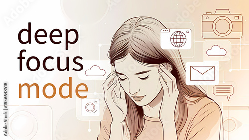 Hand Drawn Style Illustration of a Young Woman Touching Her Temples in Deep Concentration with Floating Digital Icons and Deep Focus Mode Text