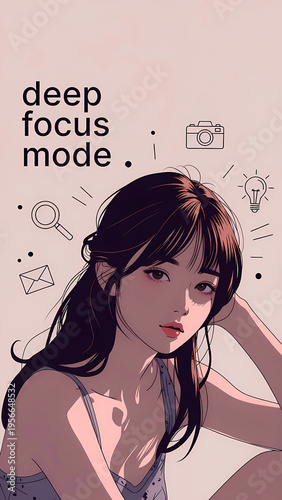 Digital Illustration of a Young Woman Concentrating with Floating Task Icons and Deep Focus Mode Text in Pastel Aesthetic Style