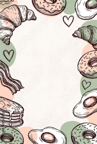 Hand Drawn Doodle Illustration Border Featuring Croissants Donuts Avocado Bacon Pancakes and Fried Eggs for Cafe Menu Template