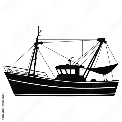 Fishing Boat Silhouette Vector Illustration – Commercial Trawler Ship Icon, Black and White Nautical Vessel Graphic for Maritime Design and Logistics Concepts