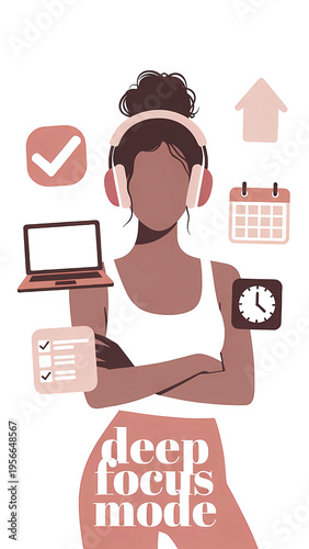 Modern Illustration of a Young Woman in Headphones Surrounded by Digital Task Icons Representing Deep Focus Mode and Effective Time Management