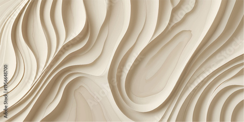 Abstract layered wooden waves form flowing pattern. Light beige, brown tones create natural texture background. Soft lighting highlights organic surface. Modern aesthetic offers calming visual for