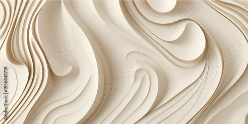 Abstract layered wooden waves form flowing pattern. Light beige, brown tones create natural texture background. Soft lighting highlights organic surface. Modern aesthetic offers calming visual for