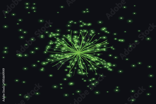 Green explosion of light and energy on a dark background with glowing particles and lines spreading out