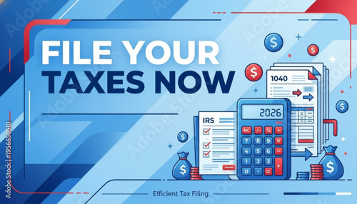 Tax filing campaign banner with calculator and forms