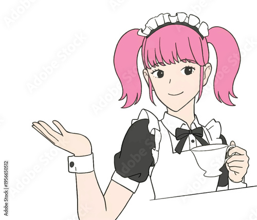 ティーカップを持ち案内する、ピンク髪のメイド服の女性イラスト (Cute anime maid with pink pigtails holding a teacup and gesturing)
