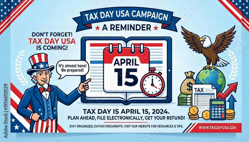 Poster USA Tax Day April 15th reminder, Uncle Sam pointing calendar