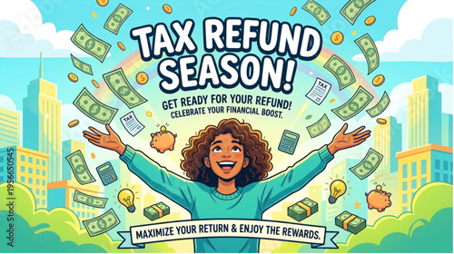 Tax refund season concept with happy woman and money
