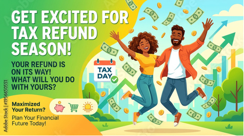 Get Excited for Tax Refund Season - Happy Couple Celebrating with Falling Money and Shopping Icons - Tax Day April 15 Financial Planning Illustration