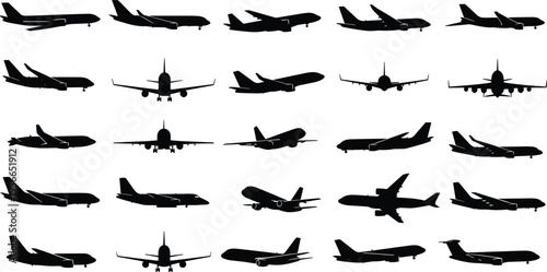 Flat vector black silhouette illustration set of various passenger airplanes and commercial cargo jets in different flight angles for aviation and travel designs