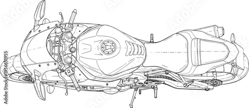 Top view black and white line art vector illustration of a high performance sport motorcycle for architectural floor plans city planning and automotive design