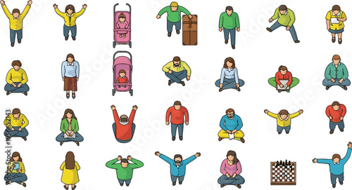 Top view flat vector illustration set of diverse people standing sitting walking and playing chess with baby strollers for architectural floor plans and lifestyle