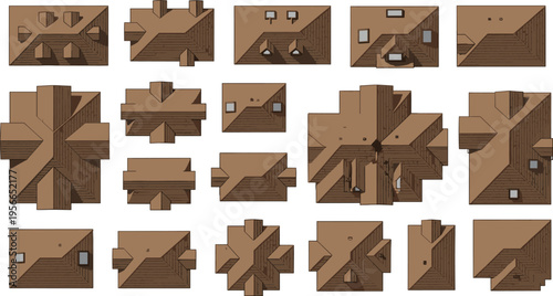 Top view flat vector illustration set of various brown roof types and house top profiles for architectural floor plans city maps and urban planning