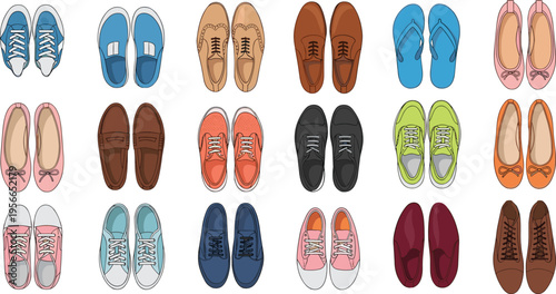 Top view flat vector illustration set of various footwear icons including sneakers loafers dress shoes flip flops and ballet flats for fashion design