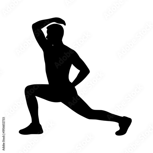 Man in a lunge position with one arm raised above his head