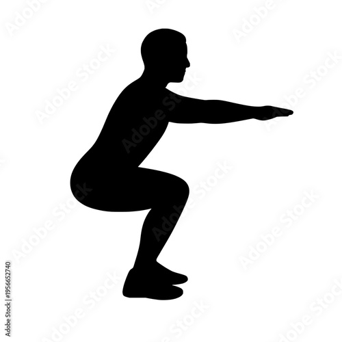 Man in a squat position with arms outstretched