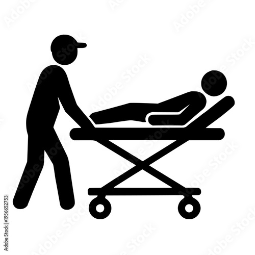 Black silhouette of a person pushing a stretcher with a patient lying on it